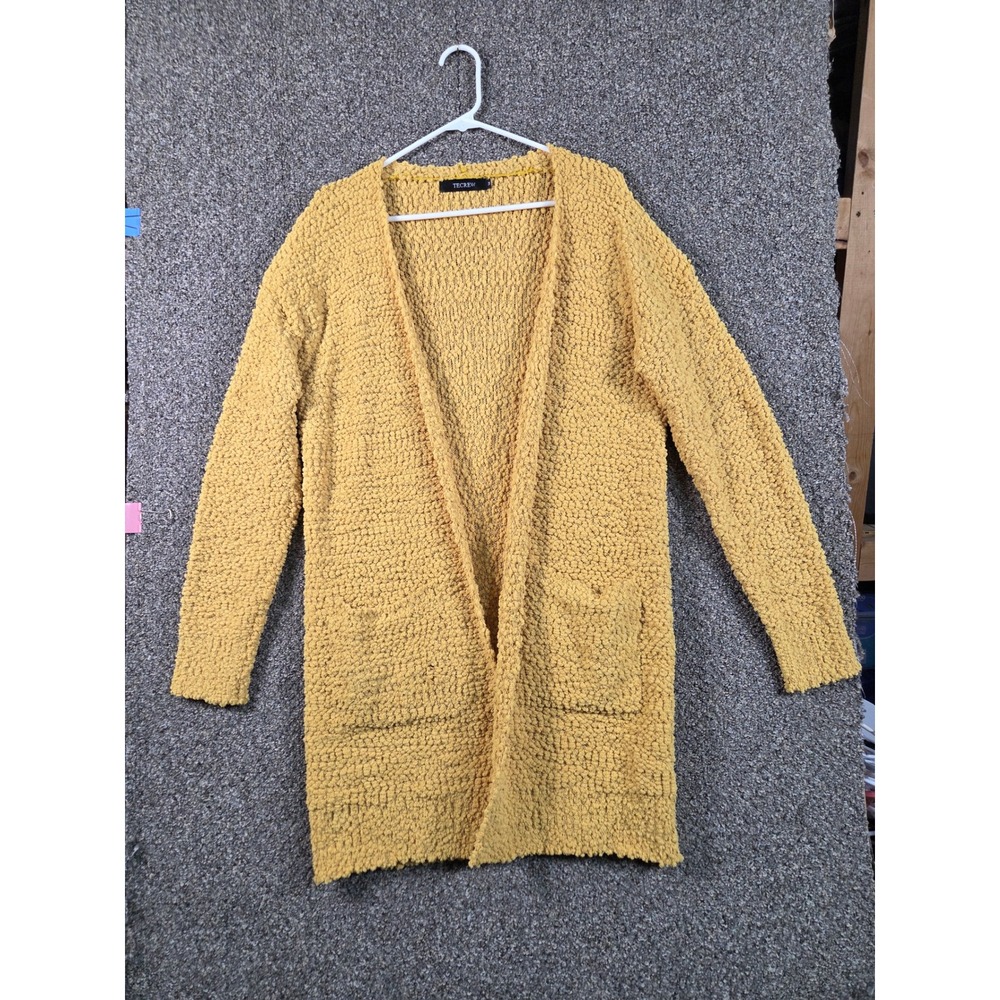 Tecrew‎ Popcorn Knit Cardigan Women Size M Yellow Excellent Open Front Pockets